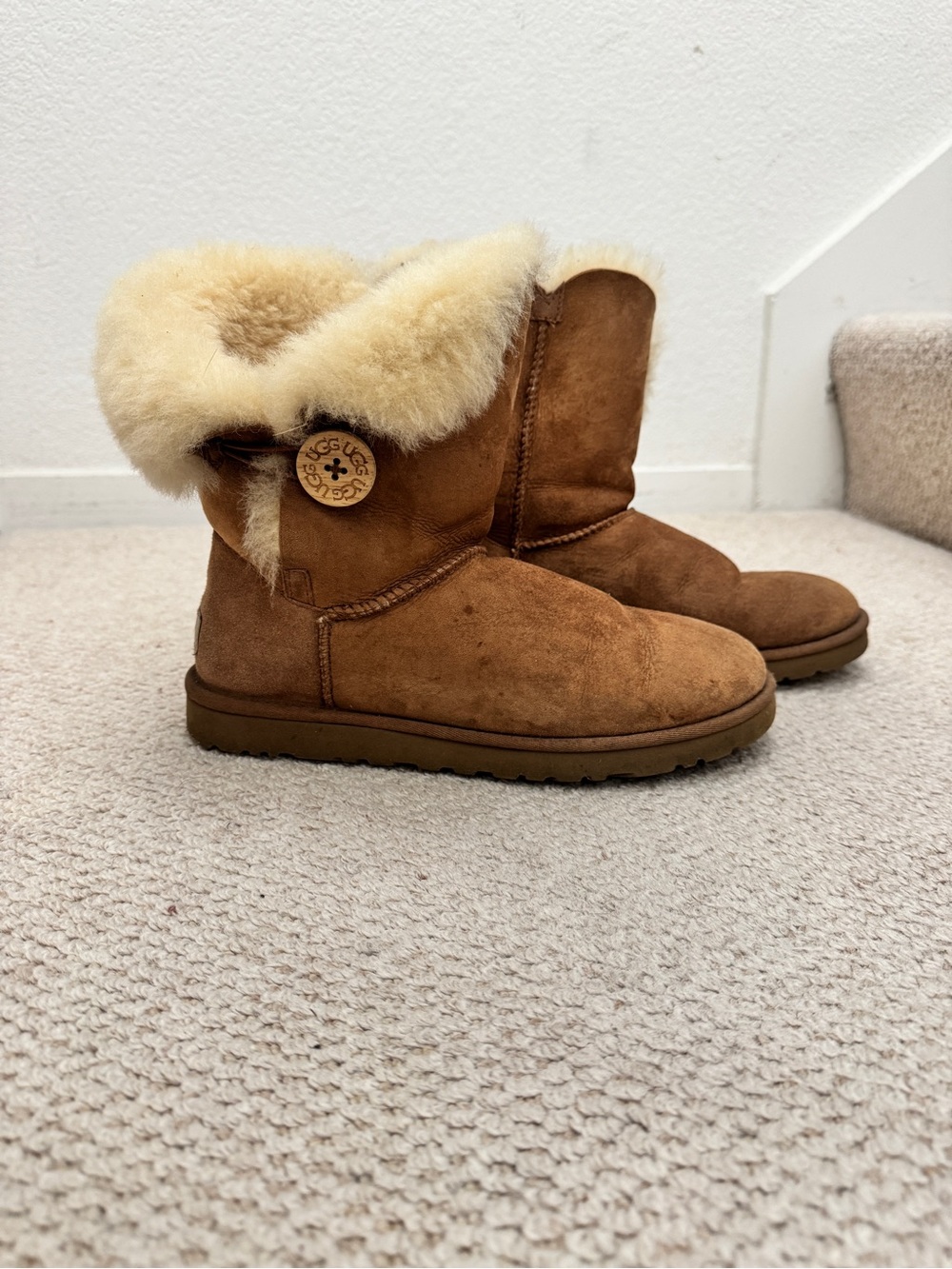 UGG Chestnut Suede Sheepskin Button Short Boot - Chestnut